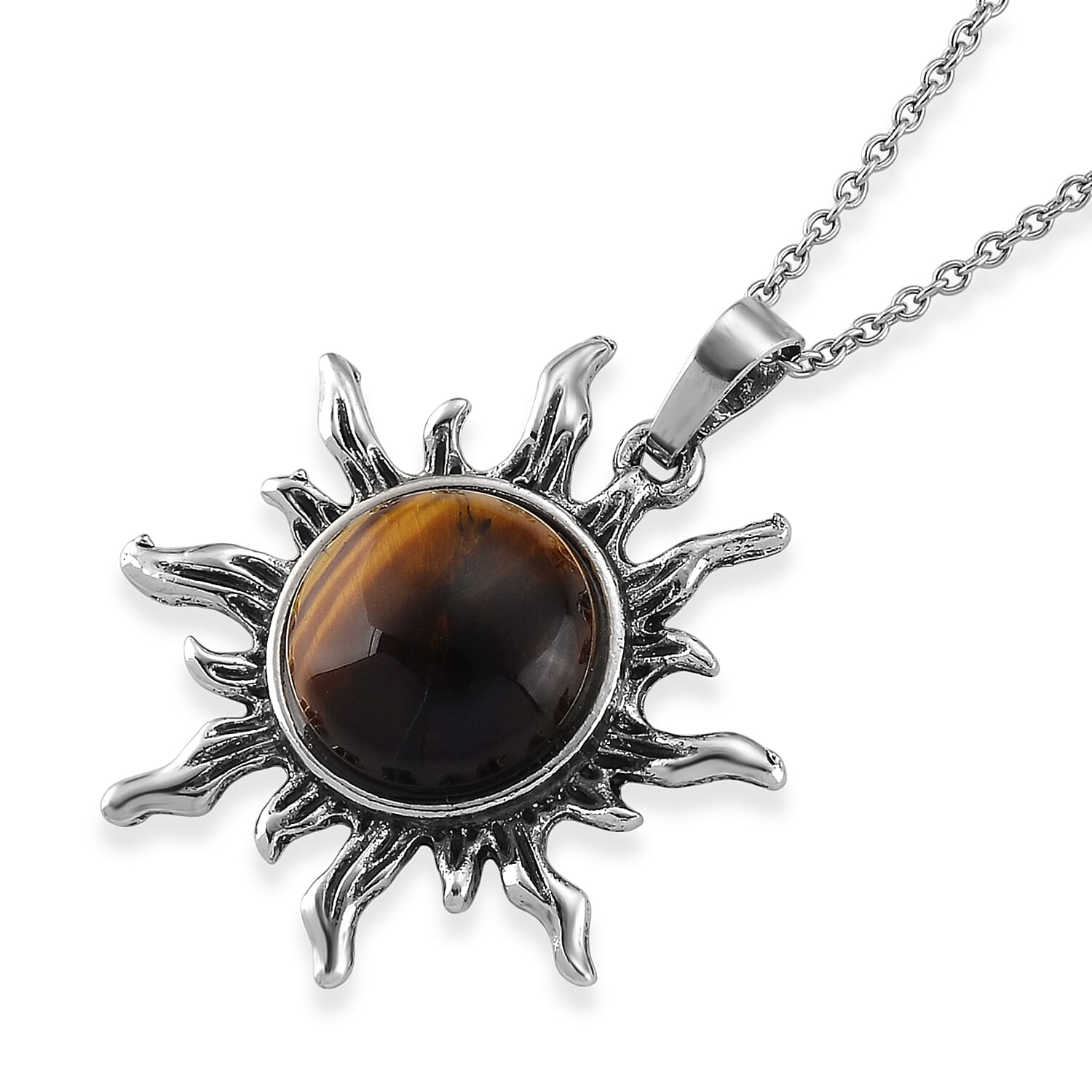 Yellow Tigers Eye 18.00 ctw Pendant in Silvertone with Stainless Steel Necklace 20 Inches