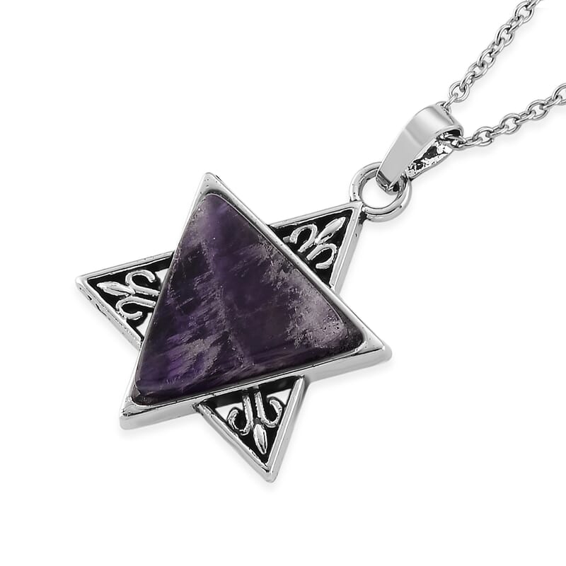 African Amethyst 8.00 ctw Pendant in Silvertone with Stainless Steel Necklace 20 Inches