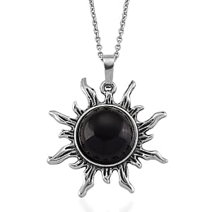 Black Obsidian 18.00 ctw Pendant in Silvertone with Stainless Steel Necklace 20 Inches