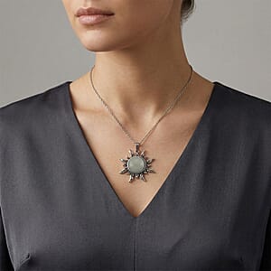 Green Aventurine 18.00 ctw Pendant in Silvertone with Stainless Steel Necklace 20 Inches