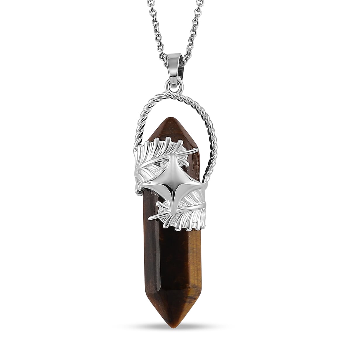 Yellow Tigers Eye 33.00 ctw Pendant in Silvertone with Stainless Steel Necklace 20 Inches