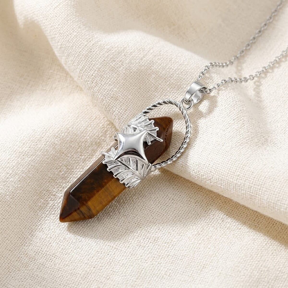Yellow Tigers Eye 33.00 ctw Pendant in Silvertone with Stainless Steel Necklace 20 Inches image number 1