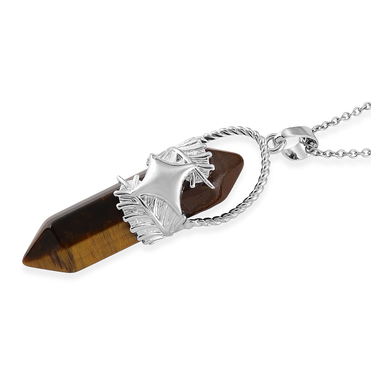 Yellow Tigers Eye 33.00 ctw Pendant in Silvertone with Stainless Steel Necklace 20 Inches image number 3