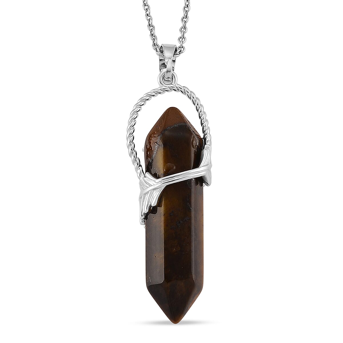 Yellow Tigers Eye 33.00 ctw Pendant in Silvertone with Stainless Steel Necklace 20 Inches image number 4
