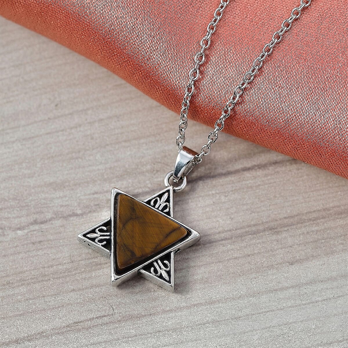 Yellow Tigers Eye 8.00 ctw Pendant in Silvertone with Stainless Steel Necklace 20 Inches image number 1