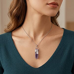 African Amethyst 33.00 ctw Pendant in Silvertone with Stainless Steel Necklace 20 Inches