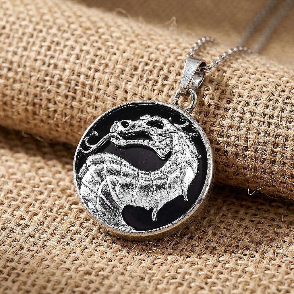 Black Obsidian 43.00 ctw Pendant in Silvertone with Stainless Steel Necklace 20 Inches
