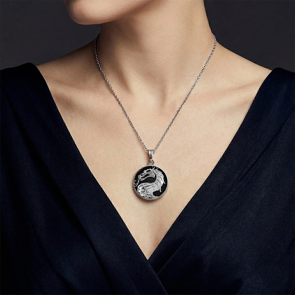 Black Obsidian Pendant in Silvertone with Stainless Steel Necklace (20 Inches) 43.00 ctw image number 2