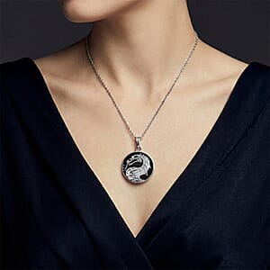 Black Obsidian Pendant in Silvertone with Stainless Steel Necklace (20 Inches) 43.00 ctw