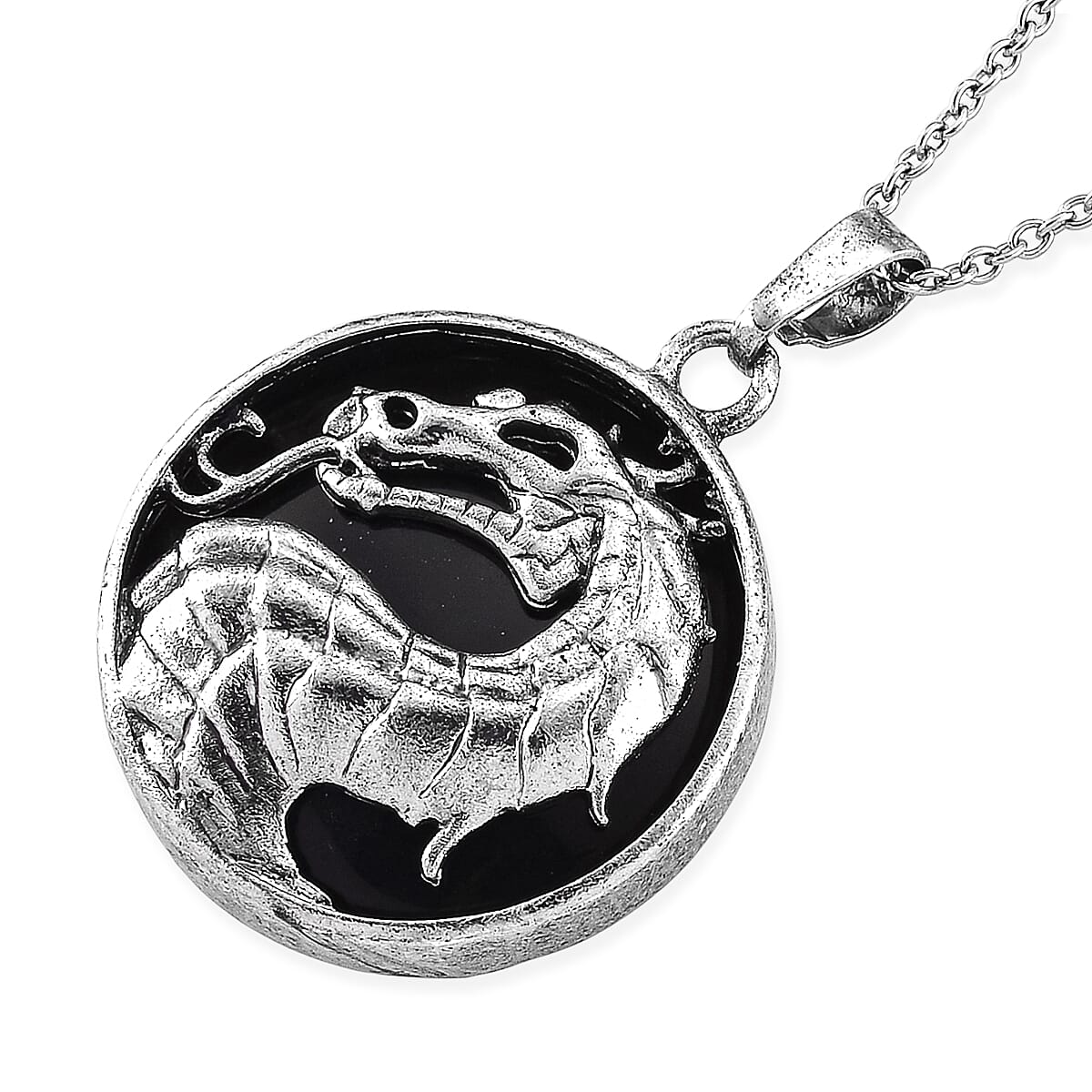 Black Obsidian 43.00 ctw Pendant in Silvertone with Stainless Steel Necklace 20 Inches