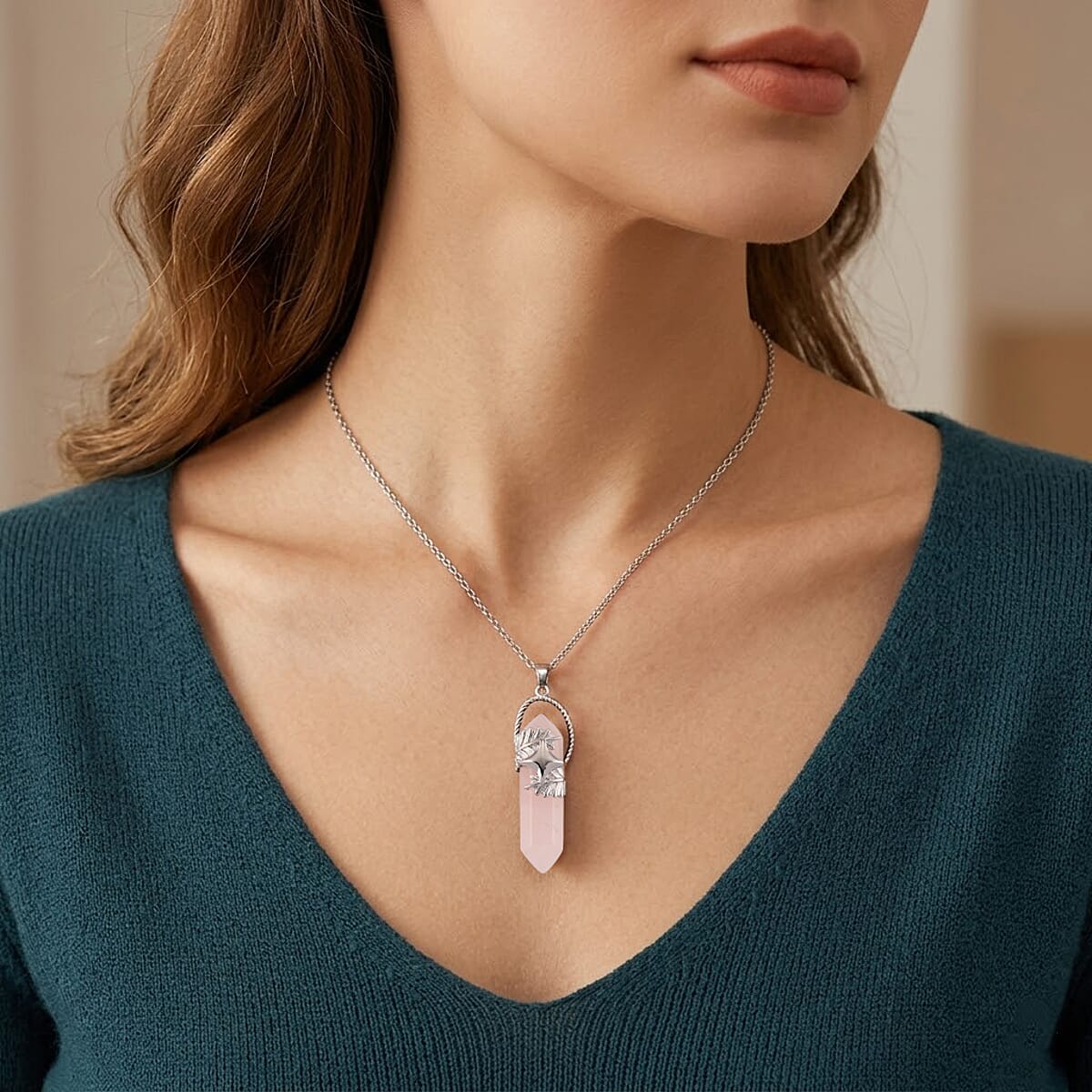 Rose Quartz 33.00 ctw Pendant in Silvertone with Stainless Steel Necklace 20 Inches image number 2