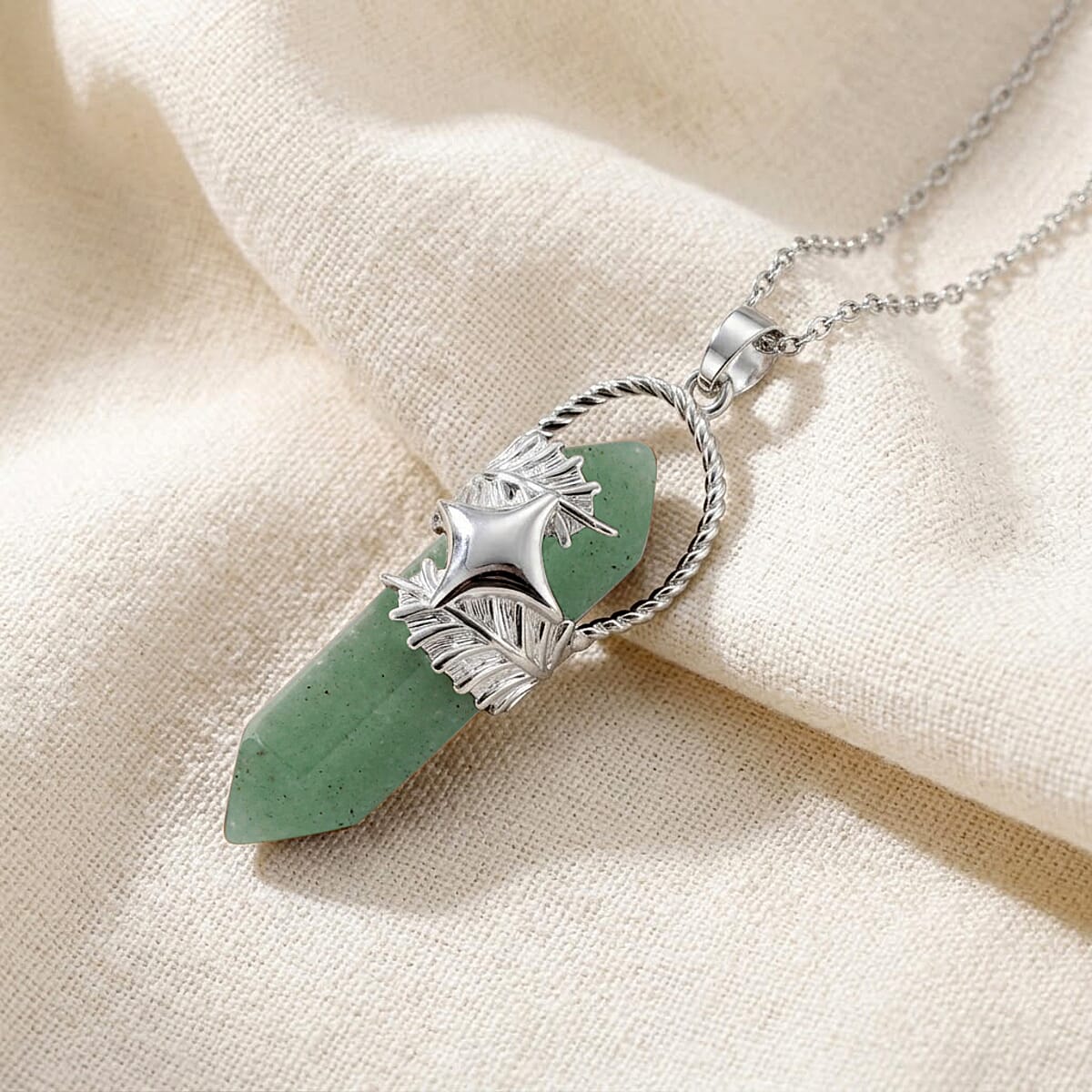Green Aventurine 33.00 ctw Pendant in Silvertone with Stainless Steel Necklace 20 Inches image number 1