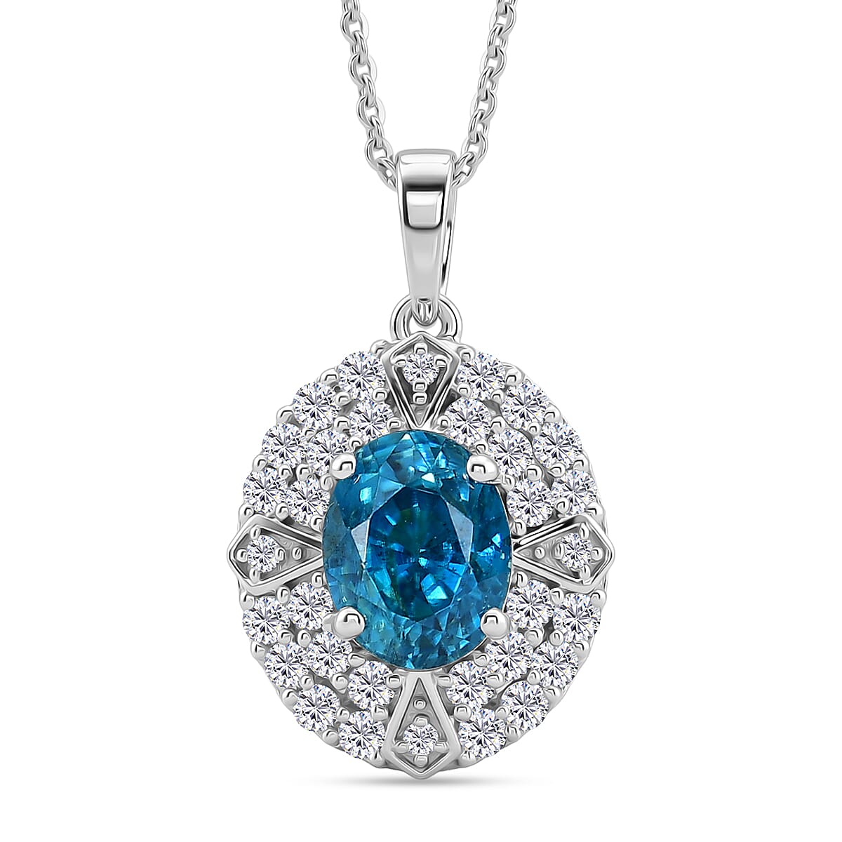 Certified & Appraised D'Joy Cambodian Blue Zircon and Moissanite 3.10 ctw Pendant Necklace in Rhodium Over Sterling Silver 20 Inches