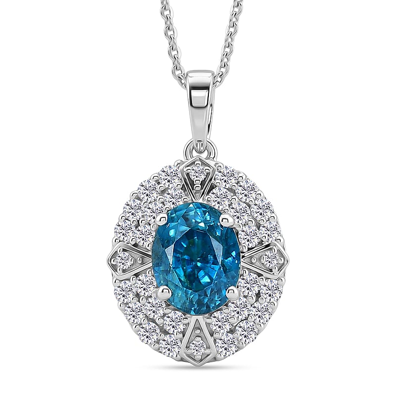 Certified & Appraised D'Joy Cambodian Blue Zircon and Moissanite 3.10 ctw Pendant Necklace in Rhodium Over Sterling Silver 20 Inches