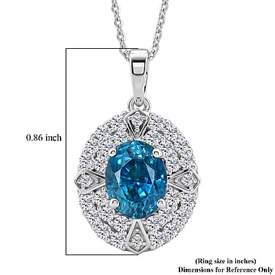 Certified & Appraised D'Joy Cambodian Blue Zircon and Moissanite 3.10 ctw Pendant Necklace in Rhodium Over Sterling Silver 20 Inches