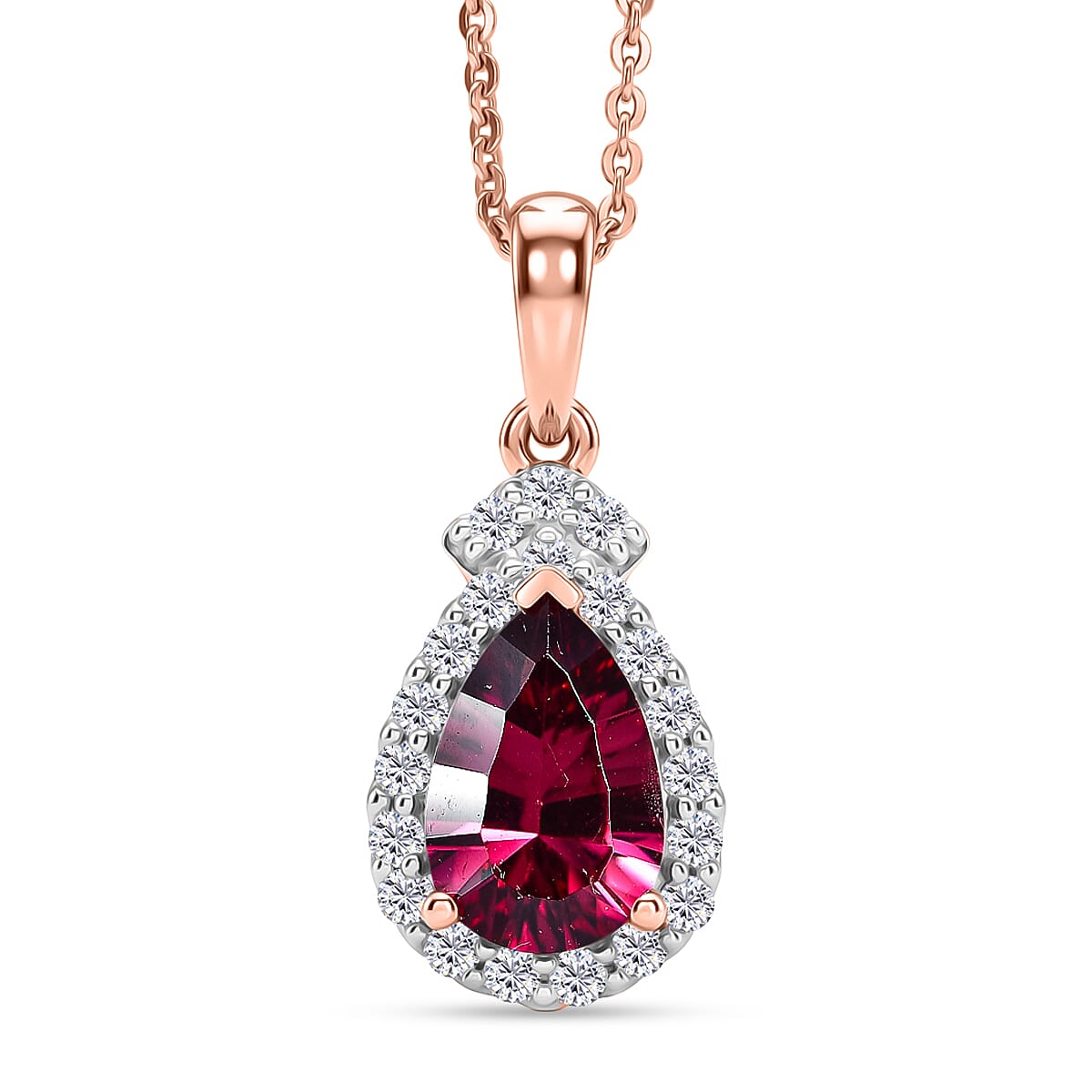 Certified & Appraised D'Joy Pink Garnet and Moissanite 2.00 ctw Pendant Necklace in 18K Vermeil Rose Gold Over Sterling Silver 20 Inches