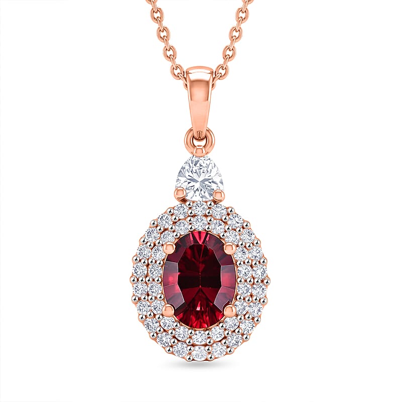 Certified and Appraised D'Joy Premium Tanzanian Mahenge Garnet and Moissanite 2.30 ctw Pendant Necklace in 18K Vermeil Rose Gold Over Sterling Silver 20 Inches