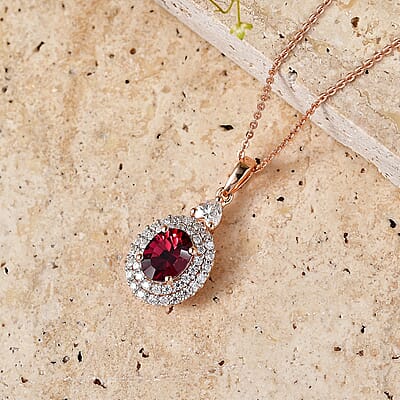 Certified and Appraised D'Joy Premium Tanzanian Mahenge Garnet and Moissanite 2.30 ctw Pendant Necklace in 18K Vermeil Rose Gold Over Sterling Silver 20 Inches