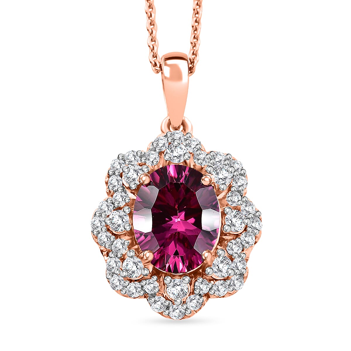 Certified & Appraised D'Joy Pink Garnet and Moissanite 2.75 ctw Pendant Necklace in 18K Vermeil Rose Gold Over Sterling Silver 20 Inches