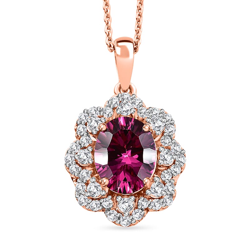 Certified and Appraised D'Joy Tanzanian Mahenge Garnet and Moissanite 2.75 ctw Pendant Necklace in 18K Vermeil Rose Gold Over Sterling Silver 20 Inches