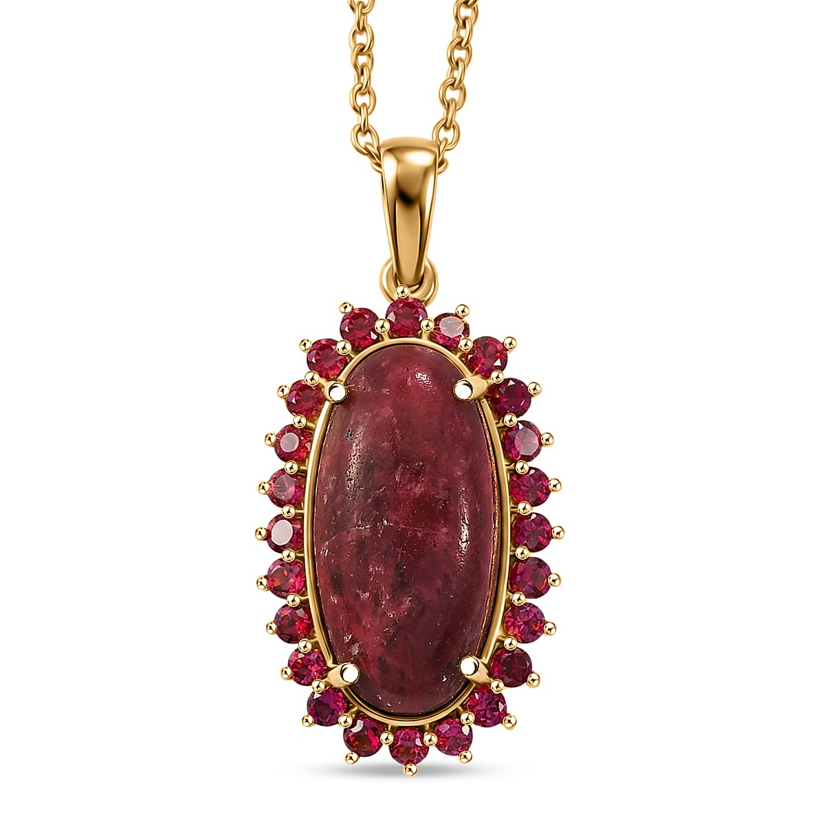 EverTrue Premium Norwegian Thulite and Orissa Rhodolite Garnet 12.50 ctw Blooming Rose Elegance Pendant in 18K YG Plated with ION Plated YG Stainless Steel Necklace 20 Inches