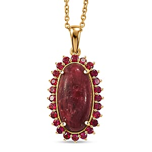 EverTrue Premium Norwegian Thulite and Orissa Rhodolite Garnet 12.50 ctw Blooming Rose Elegance Pendant in 18K YG Plated with ION Plated YG Stainless Steel Necklace 20 Inches
