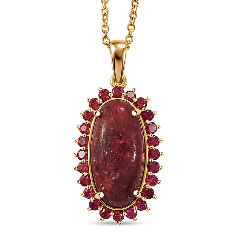 EverTrue Premium Norwegian Thulite and Orissa Rhodolite Garnet 12.50 ctw Blooming Rose Elegance Pendant in 18K YG Plated with ION Plated YG Stainless Steel Necklace 20 Inches
