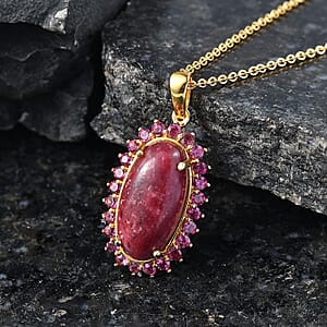 EverTrue Premium Norwegian Thulite and Orissa Rhodolite Garnet 12.50 ctw Blooming Rose Elegance Pendant in 18K YG Plated with ION Plated YG Stainless Steel Necklace 20 Inches