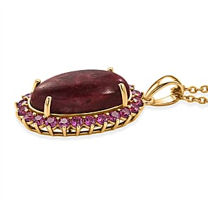 EverTrue Premium Norwegian Thulite and Orissa Rhodolite Garnet 12.50 ctw Blooming Rose Elegance Pendant in 18K YG Plated with ION Plated YG Stainless Steel Necklace 20 Inches