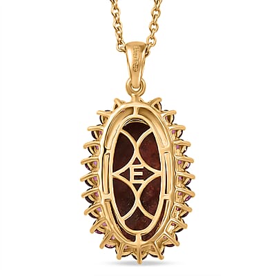 EverTrue Premium Norwegian Thulite and Orissa Rhodolite Garnet 12.50 ctw Blooming Rose Elegance Pendant in 18K YG Plated with ION Plated YG Stainless Steel Necklace 20 Inches
