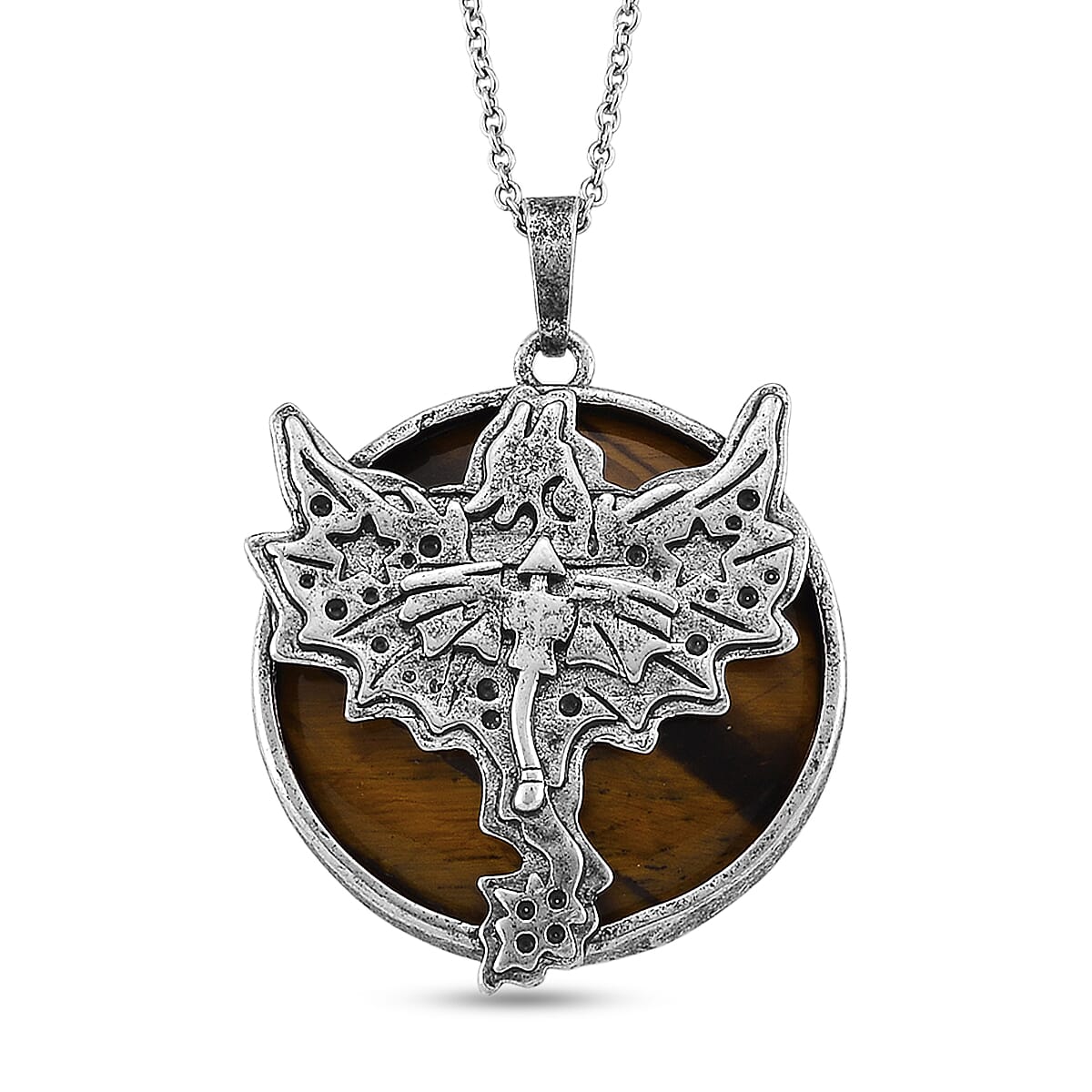 Yellow Tigers Eye 48.00 ctw Pendant in Silvertone with Stainless Steel Necklace 20 Inches