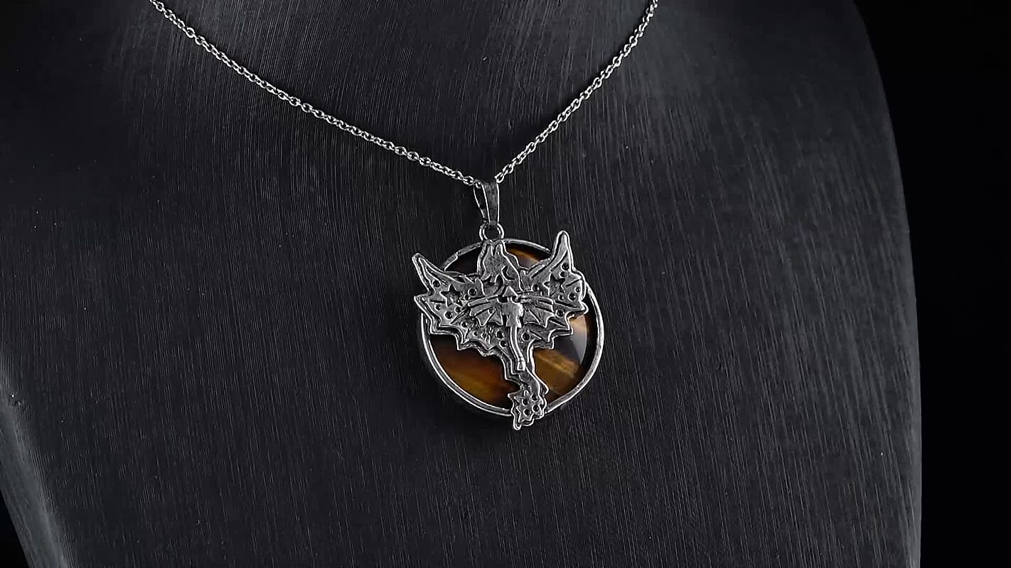 Yellow Tigers Eye Pendant in Silvertone with Stainless Steel Necklace (20 Inches) 48.00 ctw