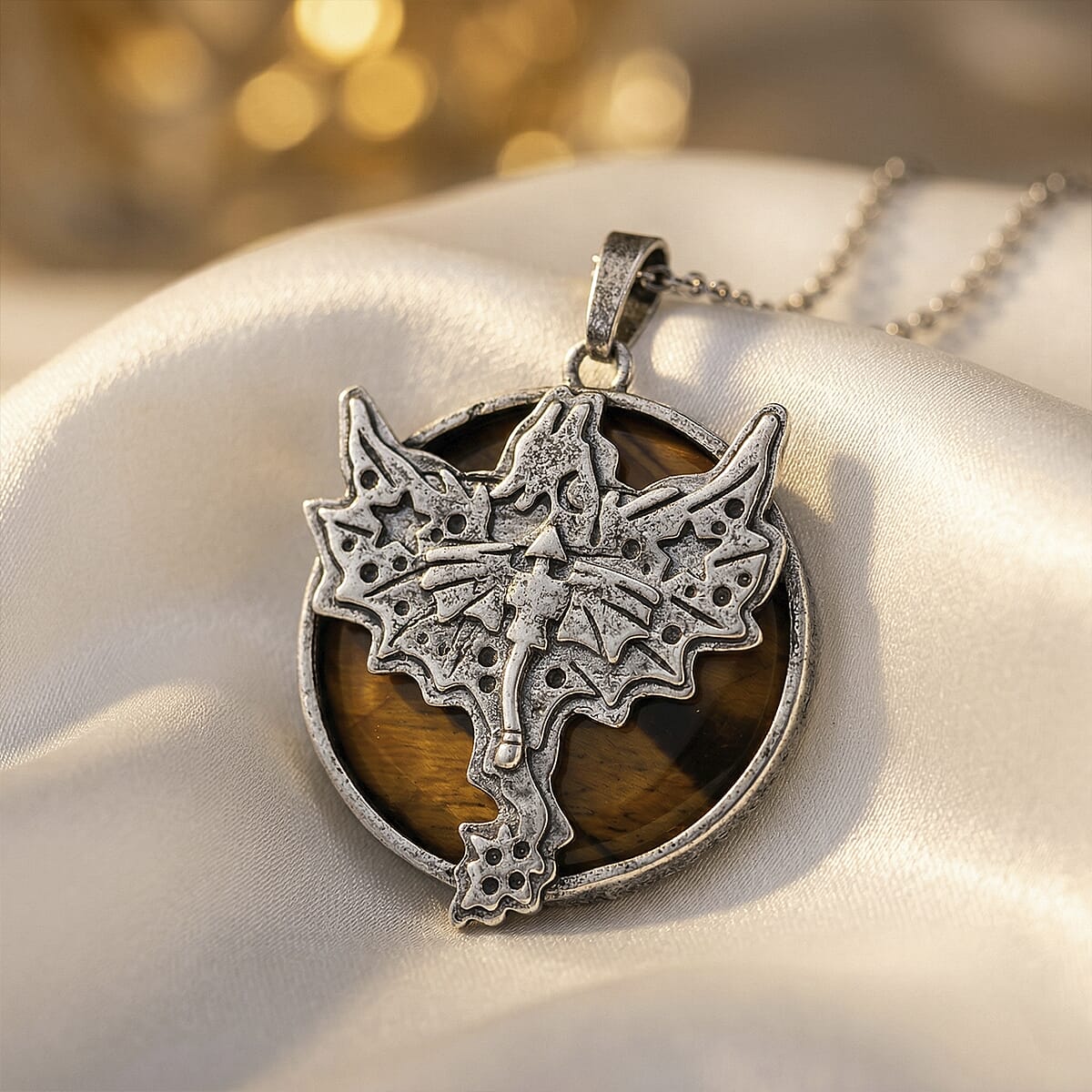 Yellow Tigers Eye Pendant in Silvertone with Stainless Steel Necklace (20 Inches) 48.00 ctw image number 1