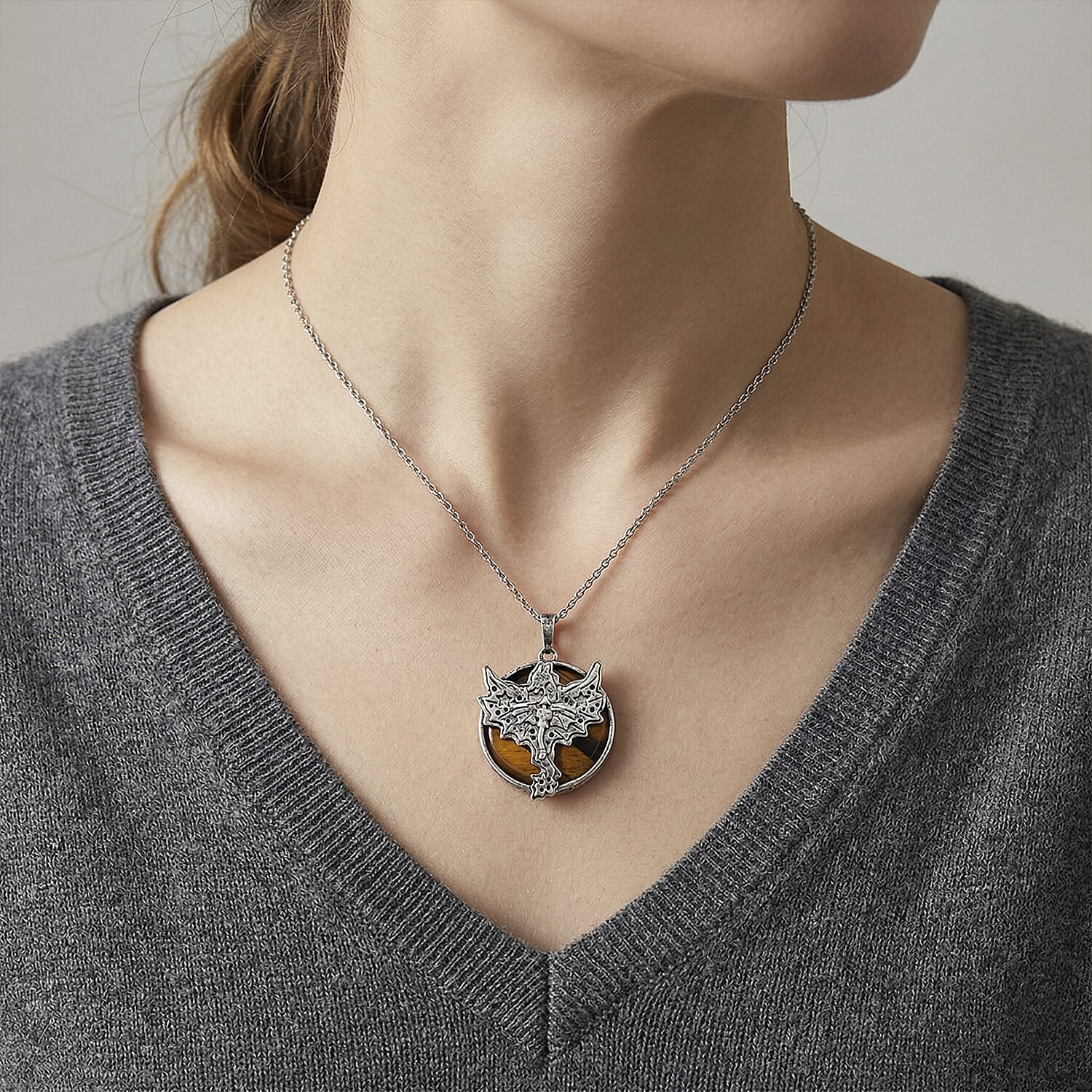Yellow Tigers Eye 48.00 ctw Pendant in Silvertone with Stainless Steel Necklace 20 Inches