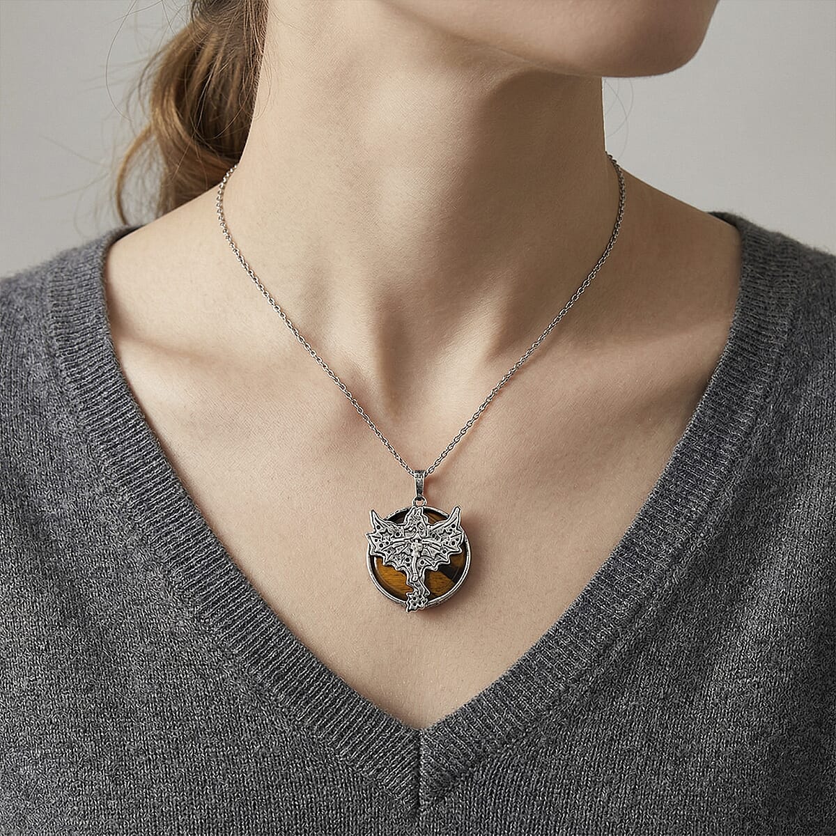 Yellow Tigers Eye Pendant in Silvertone with Stainless Steel Necklace (20 Inches) 48.00 ctw image number 2