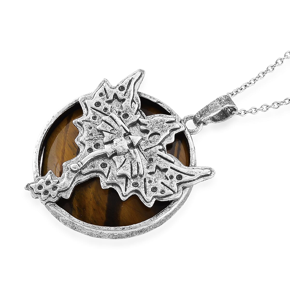 Yellow Tigers Eye 48.00 ctw Pendant in Silvertone with Stainless Steel Necklace 20 Inches