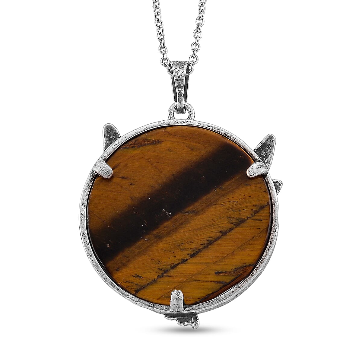 Yellow Tigers Eye 48.00 ctw Pendant in Silvertone with Stainless Steel Necklace 20 Inches