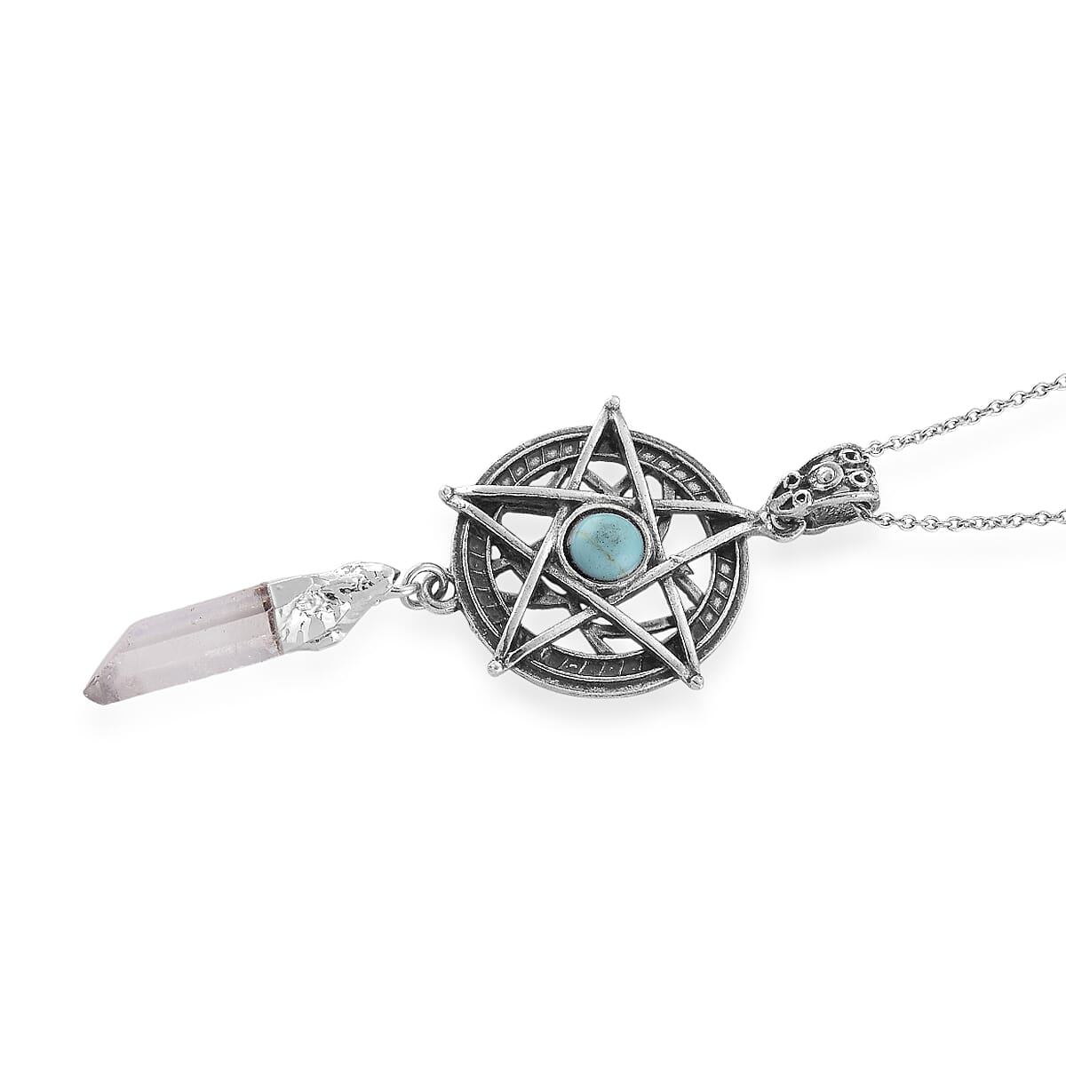 White Crystal Quartz and Blue Howlite Beaded 18.00 ctw Pendant in Silvertone with Stainless Steel Necklace 20 Inches
