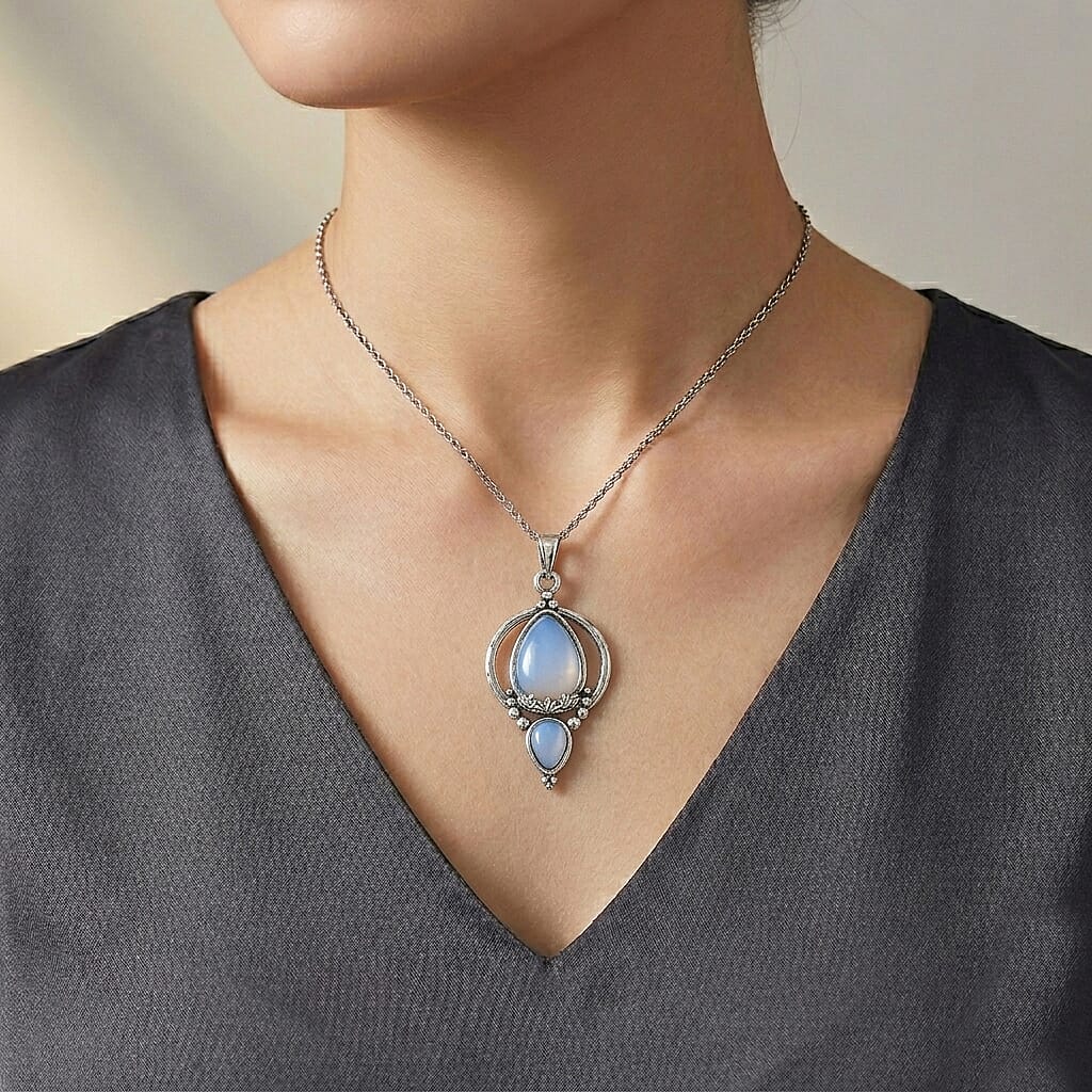 Opalite 23.00 ctw Pendant in Silvertone with Stainless Steel Necklace 20 Inches