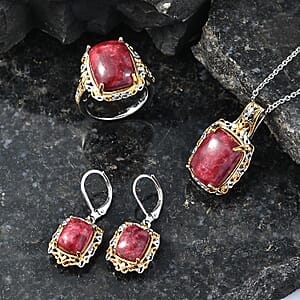 EverTrue Premium Norwegian Thulite 35.50 ctw Vintage Scrollwork Earrings, Ring (Size 5), Pendant in 18K YG Plated and Platinum Bond with Stainless Steel Necklace (20 Inches)