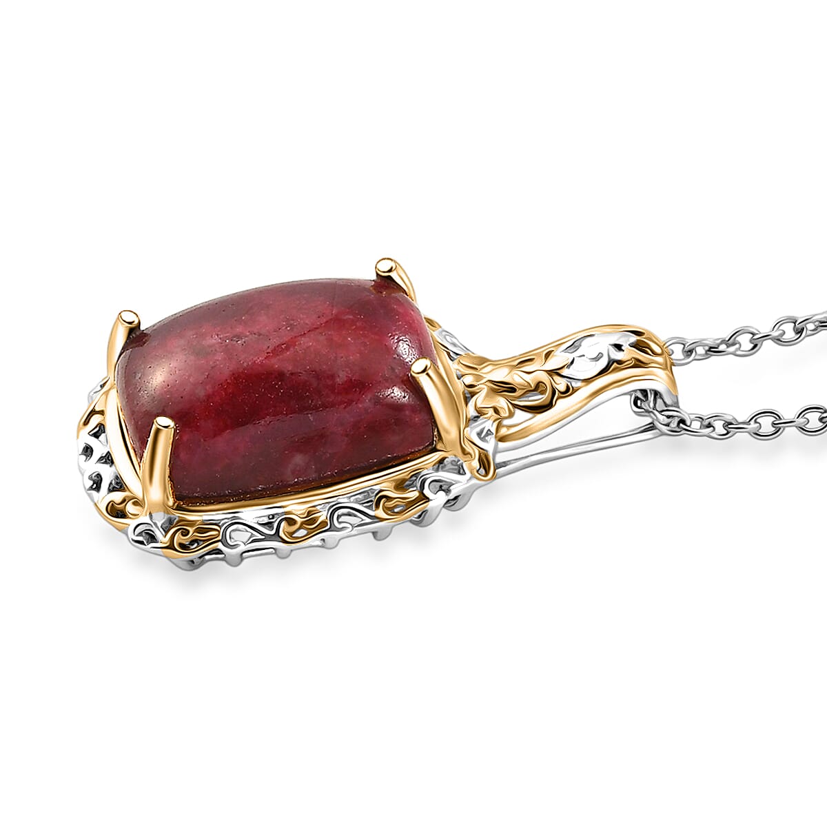 EverTrue Premium Norwegian Thulite 35.50 ctw Vintage Scrollwork Earrings, Ring (Size 5), Pendant in 18K YG Plated and Platinum Bond with Stainless Steel Necklace (20 Inches) image number 2