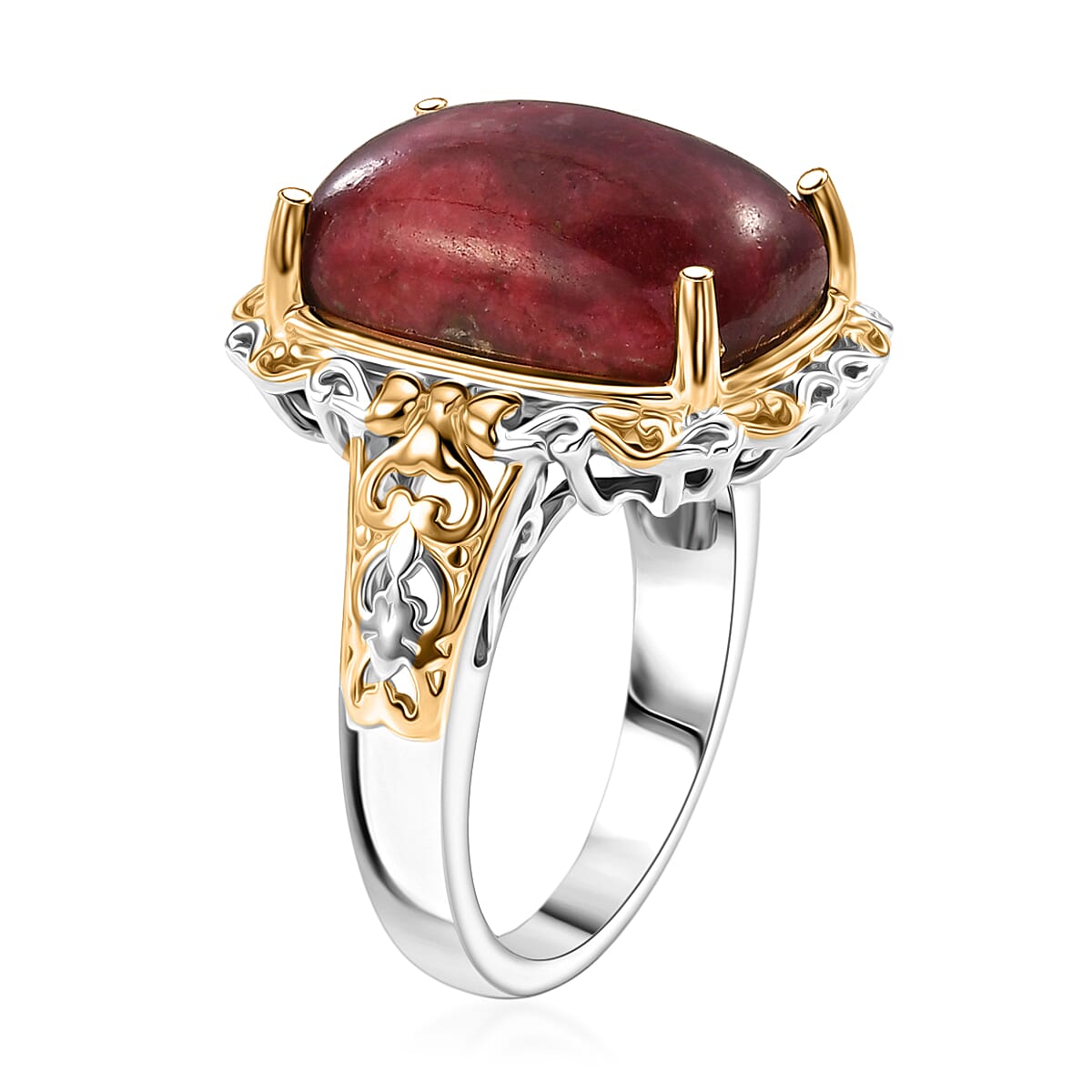 EverTrue Premium Norwegian Thulite 35.50 ctw Vintage Scrollwork Earrings, Ring (Size 5), Pendant in 18K YG Plated and Platinum Bond with Stainless Steel Necklace (20 Inches) image number 6