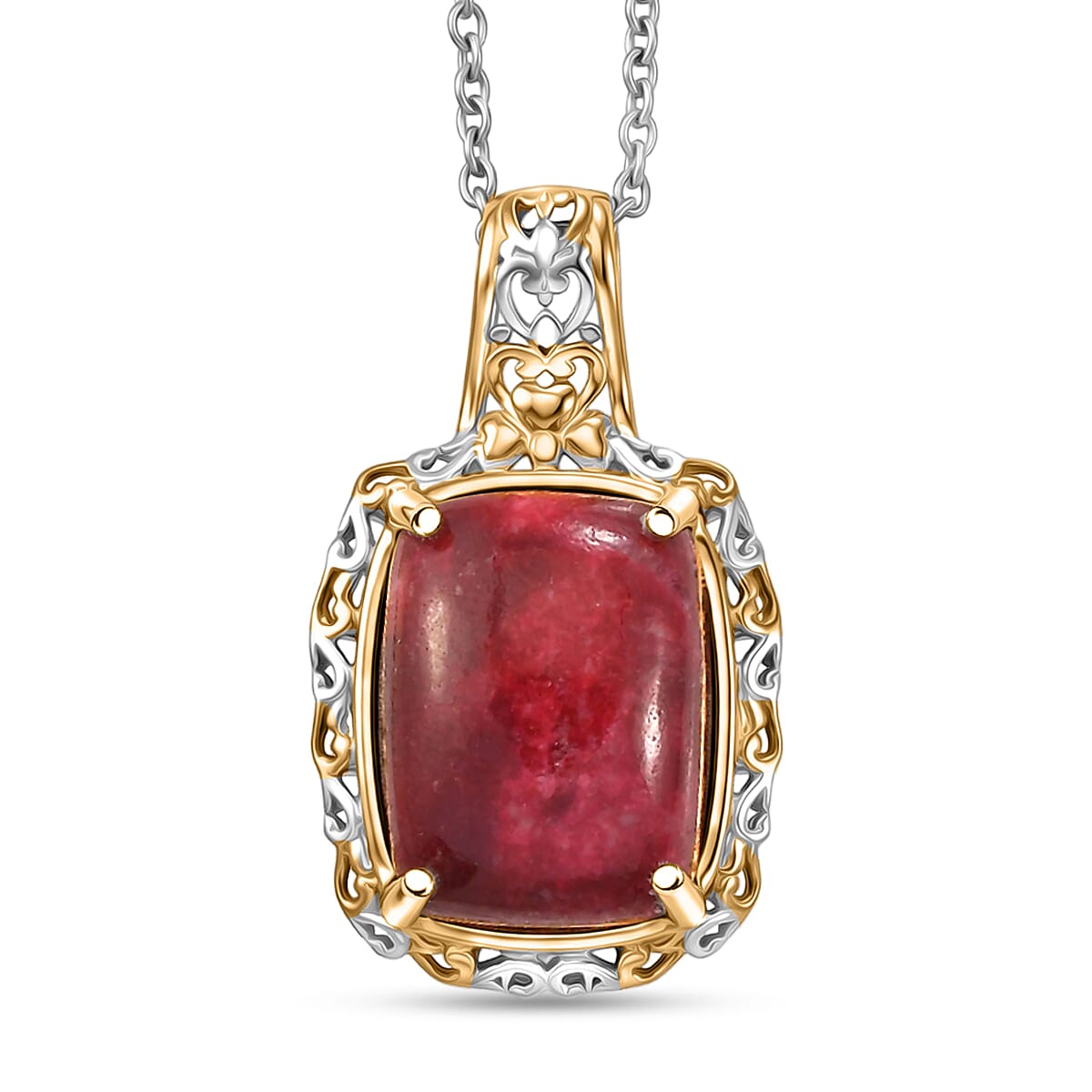 EverTrue Premium Norwegian Thulite 35.50 ctw Vintage Scrollwork Earrings, Ring (Size 5), Pendant in 18K YG Plated and Platinum Bond with Stainless Steel Necklace (20 Inches) image number 11