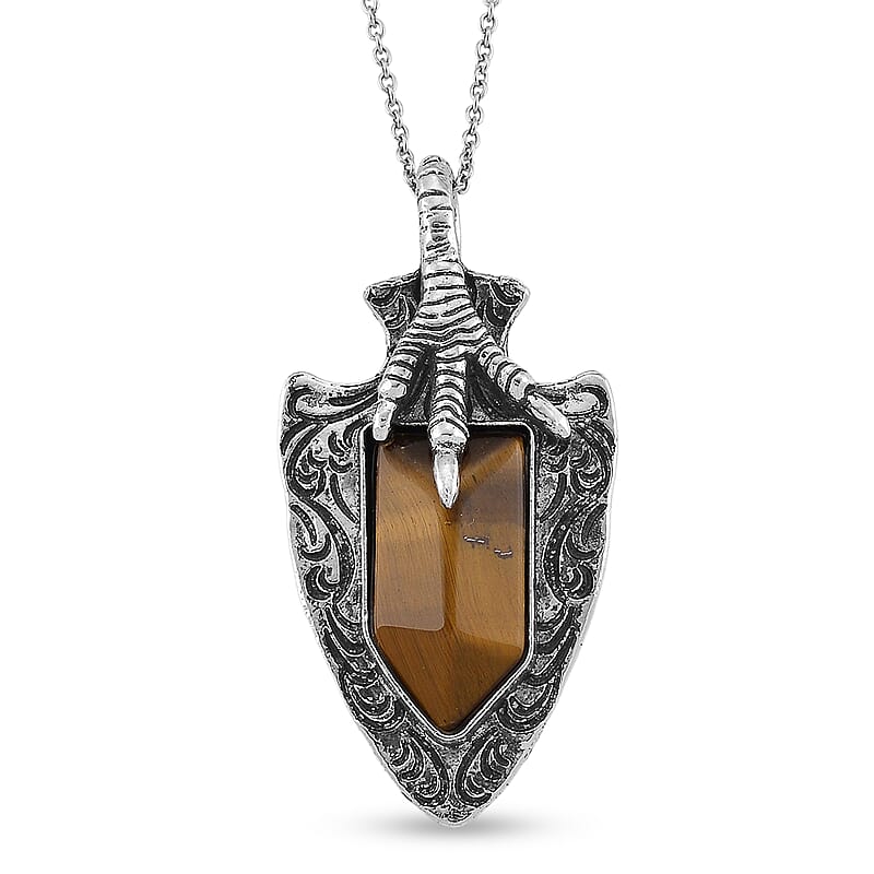 Yellow Tiger's Eye 24.00 ctw Pendant in Silvertone with Stainless Steel Necklace 20 Inches