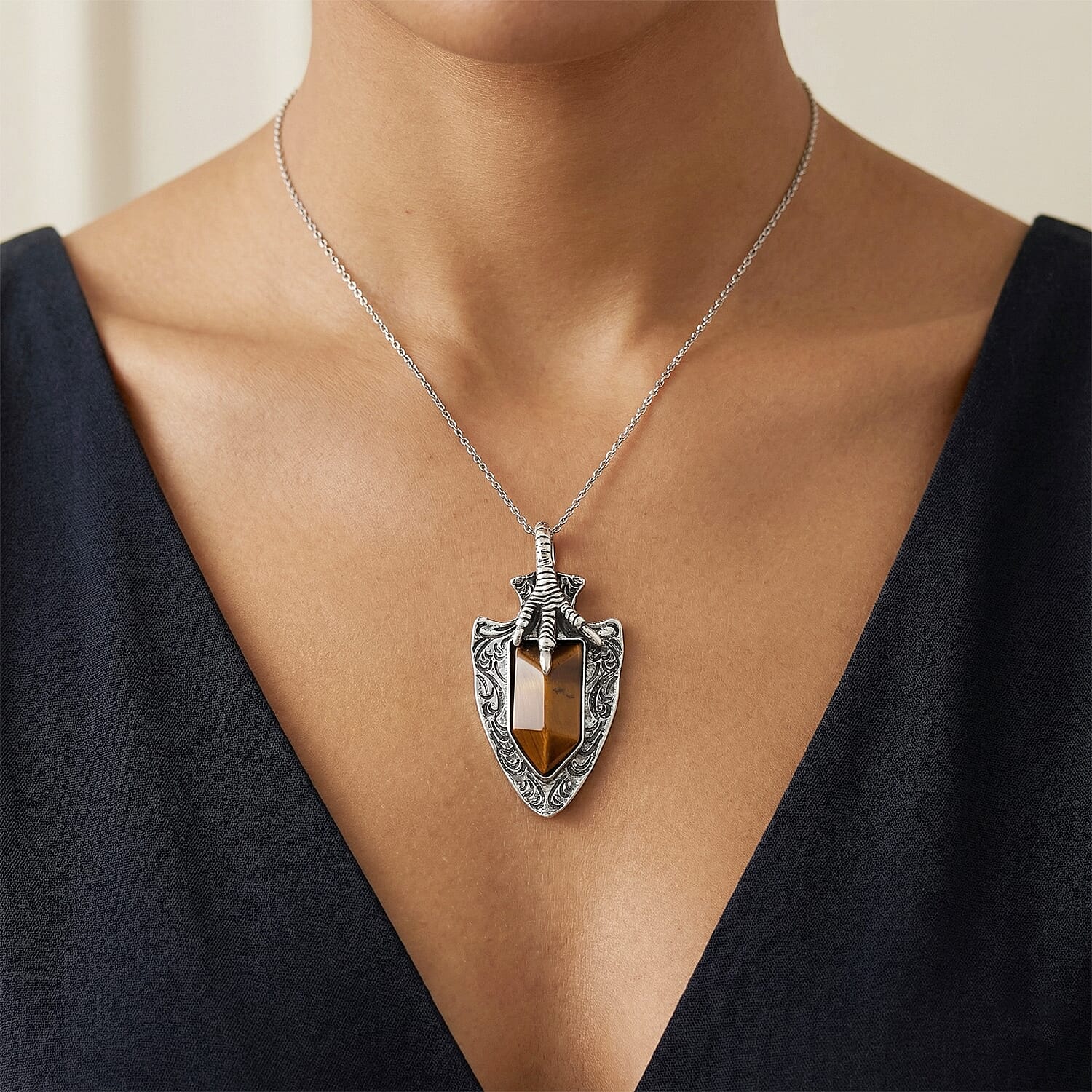Yellow Tiger's Eye 24.00 ctw Pendant in Silvertone with Stainless Steel Necklace 20 Inches