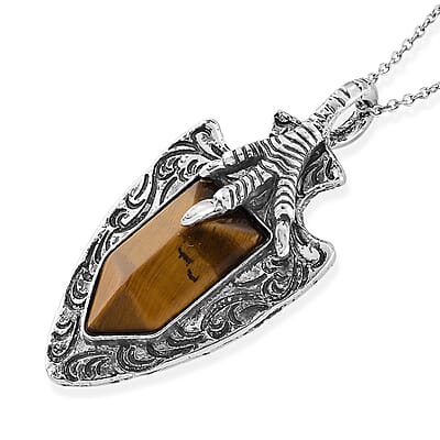 Yellow Tiger's Eye 24.00 ctw Pendant in Silvertone with Stainless Steel Necklace 20 Inches