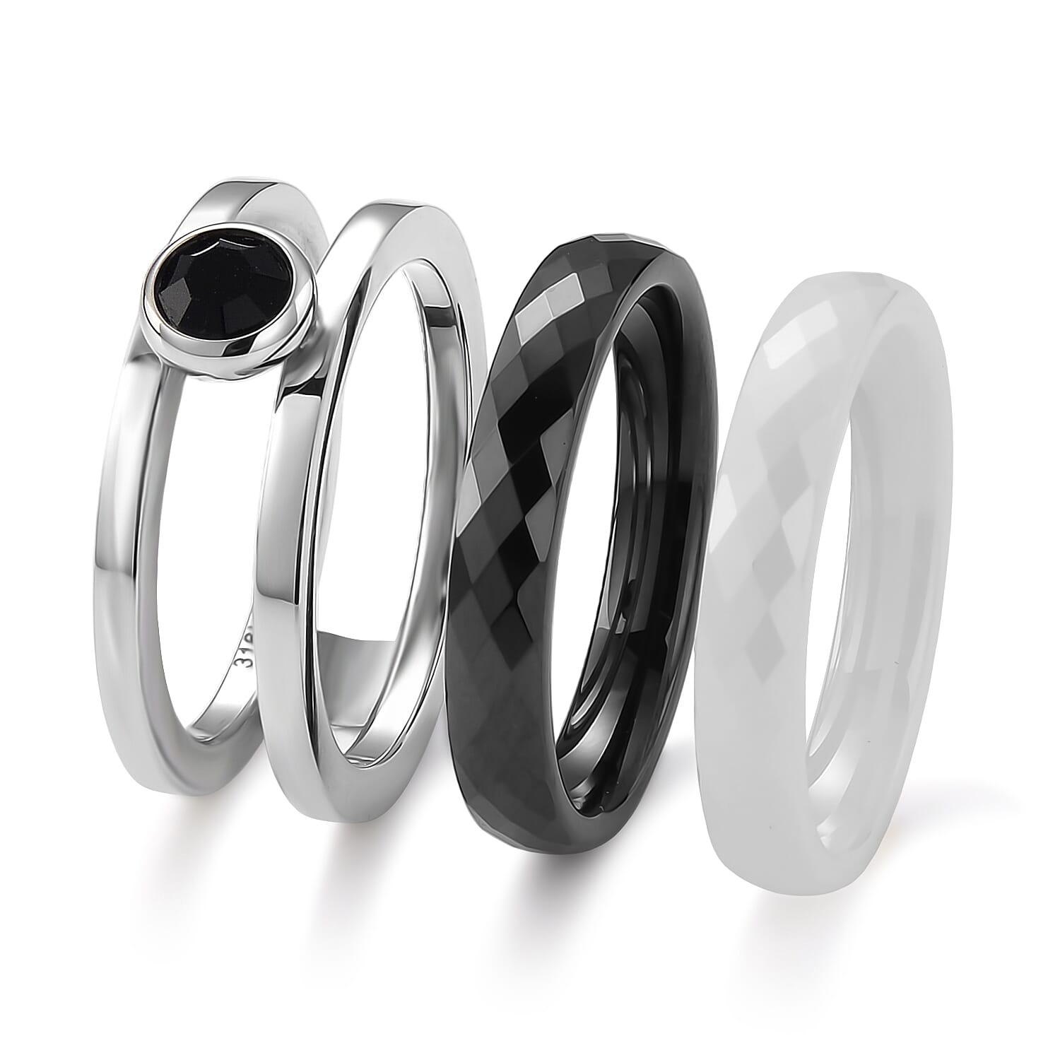 Black and White Ceramic, Black Austrian Crystal Set of 3 Stack Ring in Stainless Steel (Size 6.0)