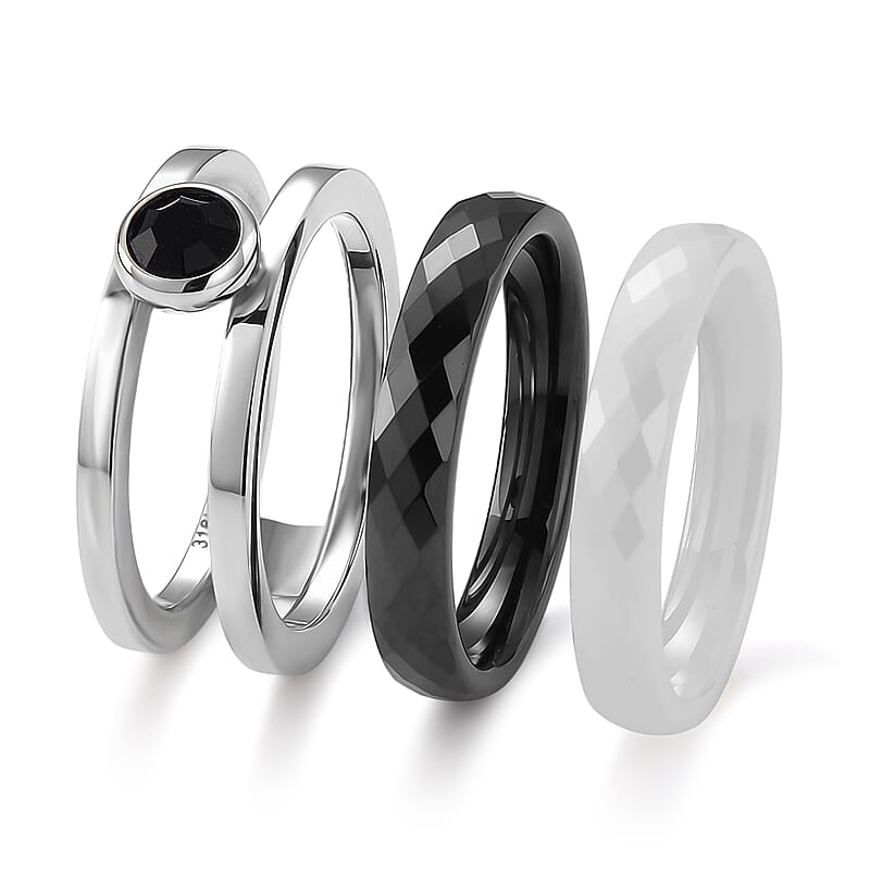 Black and White Ceramic, Black Austrian Crystal Set of 3 Stack Ring in Stainless Steel (Size 6.0)