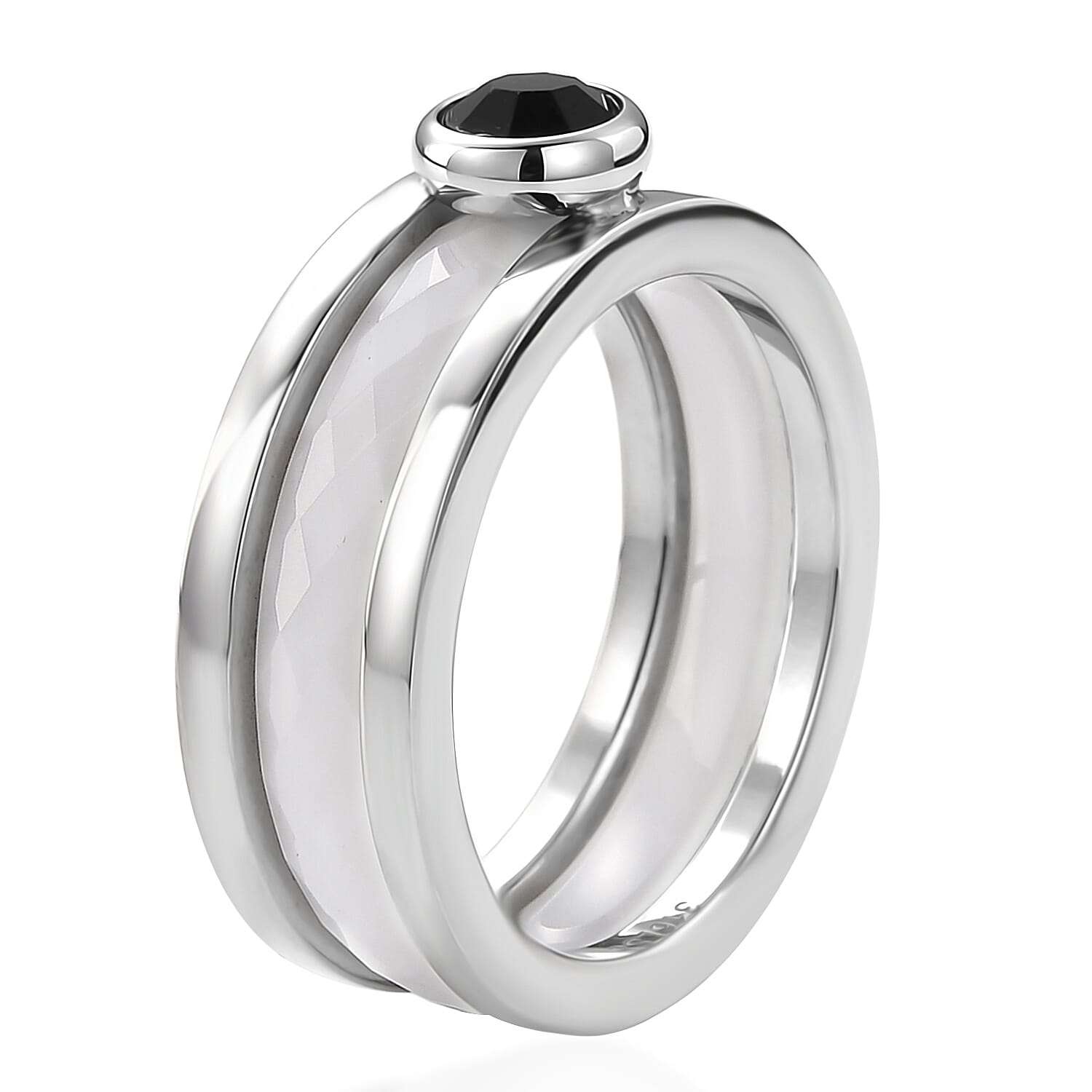 Black and White Ceramic, Black Austrian Crystal Set of 3 Stack Ring in Stainless Steel (Size 6.0)