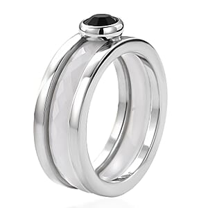 Black and White Ceramic, Black Austrian Crystal Set of 3 Stack Ring in Stainless Steel (Size 6.0)